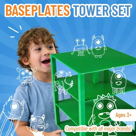 Strictly Briks Large Classic Stackable Baseplates, Building Bricks For Towers, Shelves, and More, 100% Compatible with All Major Brands, Green, 4 Base Plates & 30 Stackers, 10x10 Inches, Ages 3-14 {2}
