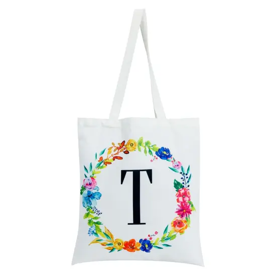 Set of 2 Reusable Monogram Letter T Personalized Canvas Tote Bags for Women, Floral Design (29 Inches) White {5}