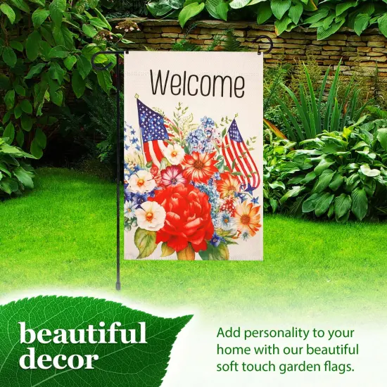 G128 Combo Pack Garden Flag Stand Black 36x16IN & Garden Flag Welcome American Flag Flowers Printed 12x18IN Double Sided Yard Garden Lawn Decoration {6}