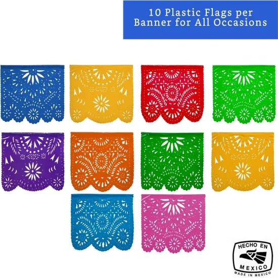 Mexican Party Banners (2 Pack with 10 Plastic Flags per Banner) - Papel Picado Mexicano Para Fiesta - Plastic Papel Picado - Fiesta Themed Party Decorations - Mexican Decor {2}