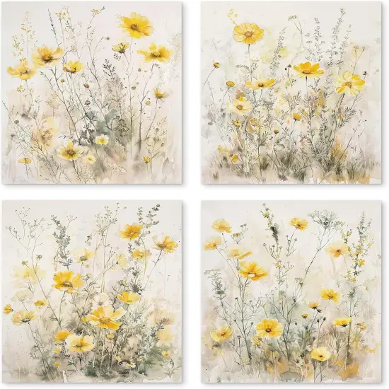 Summer Floral Wall Art Prints Set of 4, Summer Yellow Daisy Flower Wall Posters Decor for Farmhouse Home Living Room Porch Patio, Floral Poster Prints (8x10 Inches UNFRAMED) {1}