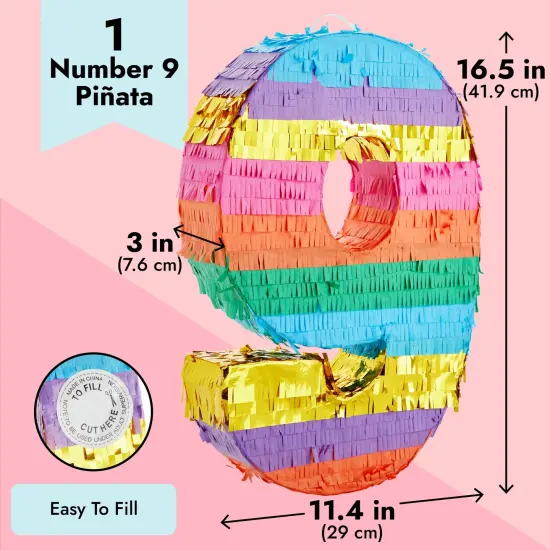 BLUE PANDA Rainbow Number 9 Pinata for Kids Ages 3-14 Birthday Party Supplies, Fiesta, Anniversary Celebration, Small (16.5 x 11.4 x 3 In) Multicolor {3}