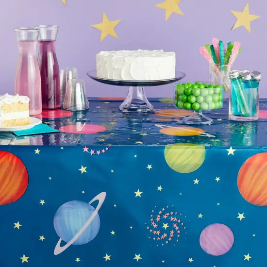 3 Pack Plastic Outer Space Tablecloths, Disposable Planets Table Covers for Galaxy Birthday Party Decorations (54 x 108 In) Blue {2}