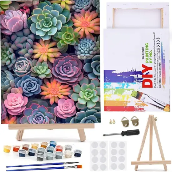 Paint by Numbers Kit for Adults Beginners 8Wx12L inch Canvas Pictures with Framed Drawing Painting Works with Wooden Triangle Easel Acrylic Pigment Succulents {1}
