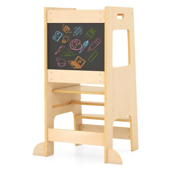 Kids Standing Step Stool Tower with Chalkboards and 2-level Height Adjustable Platform Natural {8}