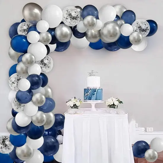 124pcs Blue Silver White Balloons Garland Arch Kit 5/10/12/18 Inch Royal Navy Blue White Metallic Silver Confetti Set for Birthday Wedding Graduation Party Father's Day Decor {1}