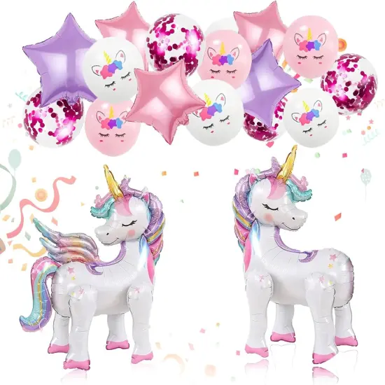 16 Pcs Unicorn Balloons Kit for Birthday Party Decorations - 2 Self Standing 3D Foil Unicorns, 4 Star Balloons & 10 Printed Latex Balloons with Tying Tool (No Helium Needed) {1}