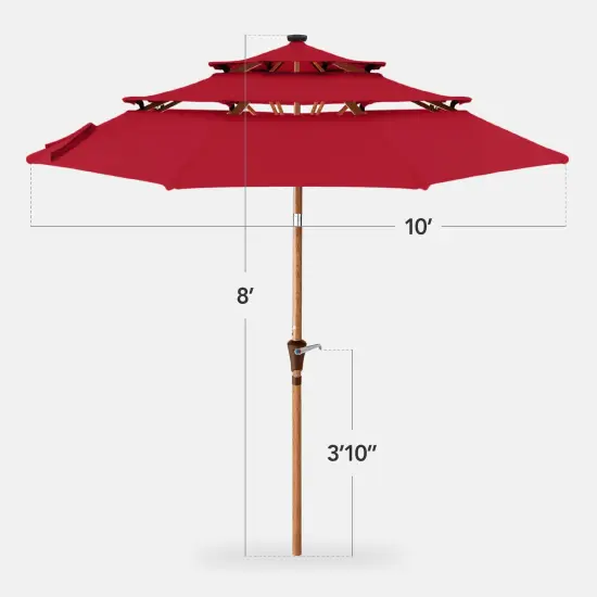 Best Choice Products Woodgrain Pattern 10ft 3-Tier Solar Patio Umbrella w/ 24 LED Lights, Tilt Red {2}