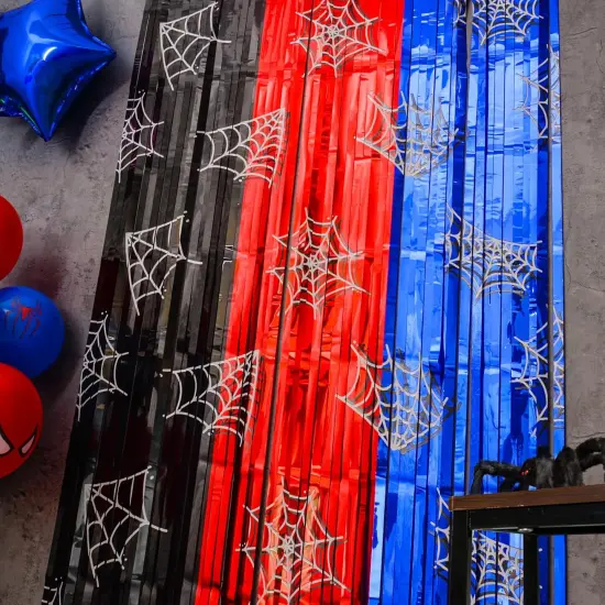 Spider Web Birthday Decorations, 2 Pack Spider Party Supplies 3.3x6.6ft Tinsel Foil Fringe Curtains, Red Black, and Blue Photo Booth Prop Backdrop Streamer, Birthday Decor, Party Decor for Boys {5}