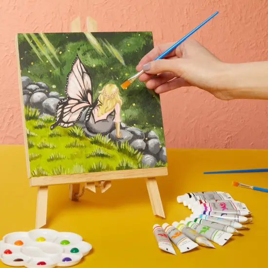 18-Piece 8x8-Inch Wooden Canvas Painting Set, 2 Natural Wood Panel Paint Boards with 12 Acrylic Paint Tubes, 3 Brushes, and 1 Plastic Palette for Crafting and Art Supplies White {2}