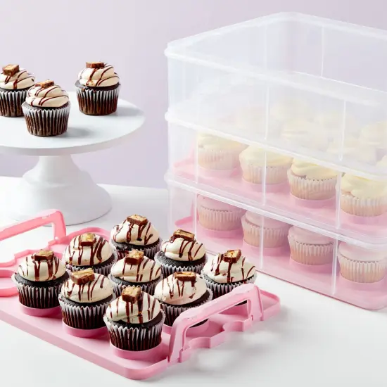 3 Tier Cupcake Carrier with Lid and Handle, Holds 36 Cupcakes (Pink, 13.5 x 10.25 x 10.75 In) {3}