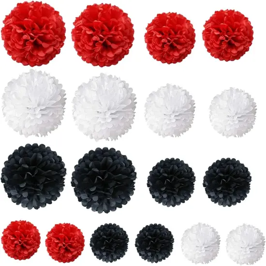 Tissue Paper Pom Poms, Paper Flower Ball for Birthday Party Wedding Baby Shower Bridal Shower Festival Decorations, 18 Pcs - Red Black White {2}