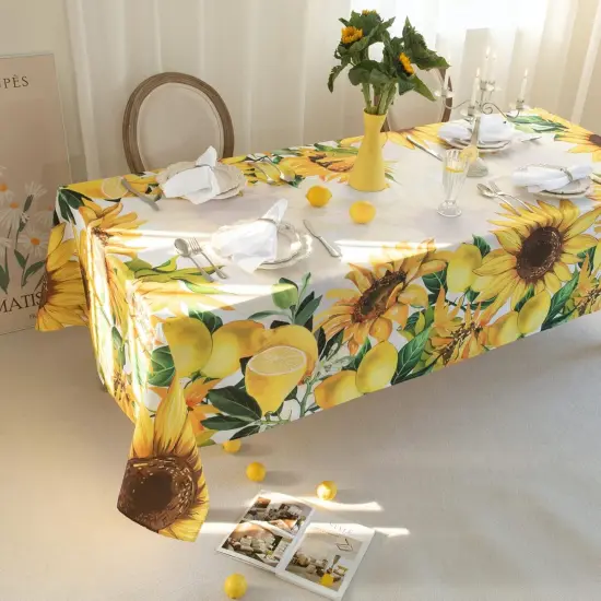 Summer Sunflower and Lemonade Watercolor Style Tablecloths 60*120, Sunflowers Table Cloth Floral Table Cover, Water Resistant Morocco Lemon and Sun Flowers Oblong Tablecloth - Summer Flower Table Settings {1}