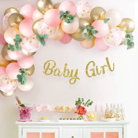 Shower Decorations for Girl with Pink Balloon Arch Garland Kit, Baby Girl Banner Decor, Eucalyptus Boho Greenery Vine, Light Pink, Peach Blush, Gold, Confetti Balloons {1}