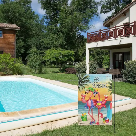 Hello Sunshine Summer Garden Flag Beach Flamingo Couple Welcome 12x18 Inch Double Sided Small Burlap Palm Tree Holiday Yard Outdoor Sign Outside Home House Decoration {2}