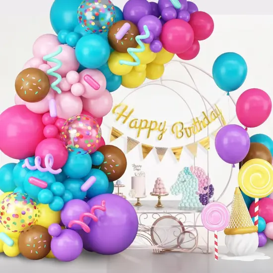 Rainbow Colorful Balloons Arch for Candy Sweet One Two Donut Grow Up Ice Cream Birthday Party Decorations Pastel Purple Pink Blue Yellow Brown Confetti Latex Balloons Garland with Long Balloons {5}