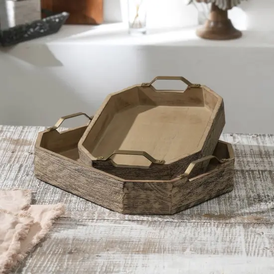 Octagonal Mango Wood Serving Tray - Set Of 2, 15x12x3 Inches {1}
