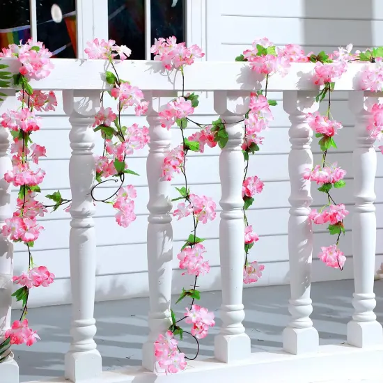 12 Pcs Artificial Cherry Blossom Flower Vines Bulk Faux Cherry Hanging Garland Pink Flower Vines Silk Pink Flowers Garland with Green Leaves for Party Decor (Totally 92.5 Feet) {2}