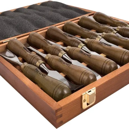 12-Pieces Woodworking Wood Carving Tools Chisel Set with Wooden Box, Razor Sharp CR-V 60 Steel Blades {3}