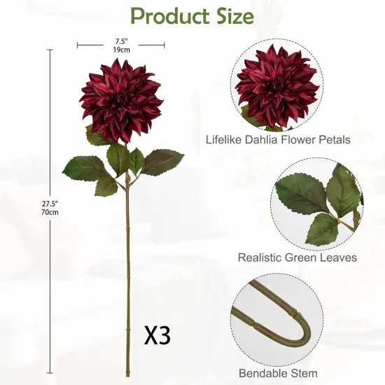 3Pcs Dark Red Artificial Dahlia Flowers with Long Stem - 28" {2}