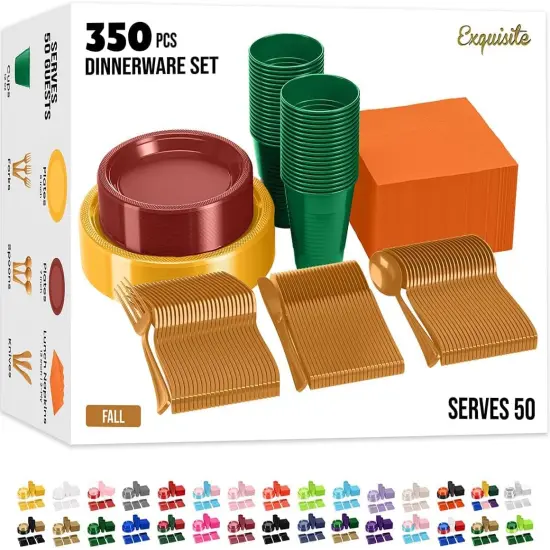 Exquisite 350 Pcs Plastic Plates for Party &ndash; Disposable Plates Set &ndash; 50 Each of 9" Dinner Plates, 7" Dessert Plates, Plastic Cups, Napkins & Plastic Cutlery &ndash; Plastic Dinnerware by Party Solids Thanksgiving {1}