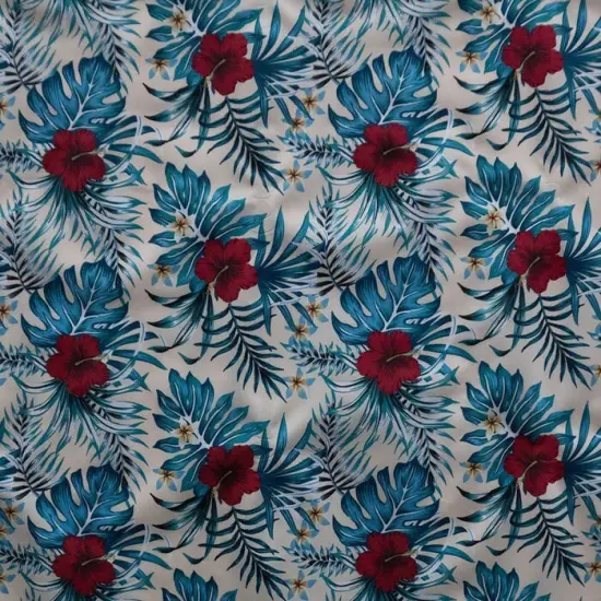 1 Yard Hibiscus Monstera Palm Leaves Polyester Fabric, 60" Wide Tropical Print Turquoise {5}