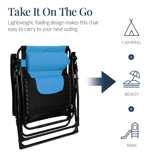 Best Choice Products Oversized Padded Zero Gravity Chair, Folding Outdoor Patio Recliner w/ Side Tray Black/Sky Blue {5}