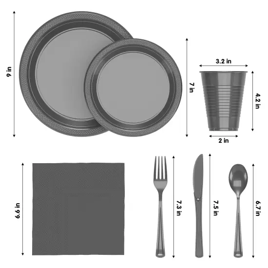Exquisite 350 Pcs Plastic Plates for Party &ndash; Disposable Plates Set &ndash; 50 Each of 9" Dinner Plates, 7" Dessert Plates, Plastic Cups, Napkins & Plastic Cutlery &ndash; Plastic Dinnerware by Party Solids Silver {2}