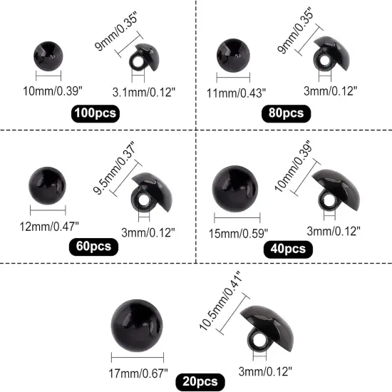 300pcs Black Crafts Eyes - 5 Sizes - 10/11/12/15/17mm {4}