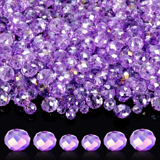 600 Pcs Crystal Glass Beads for Jewelry Making Bulk Faceted Gemstone Rondelle Loose Beads for Bracelet DIY Crafts 8 mm, 6 mm, 4 mm(Purple) {1}