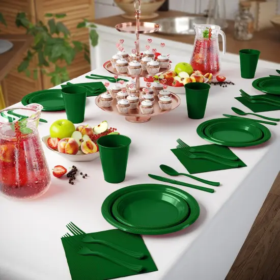 Exquisite 350 Pcs Plastic Plates for Party &ndash; Disposable Plates Set &ndash; 50 Each of 9" Dinner Plates, 7" Dessert Plates, Plastic Cups, Napkins & Plastic Cutlery &ndash; Plastic Dinnerware by Party Solids Emerald Green {4}