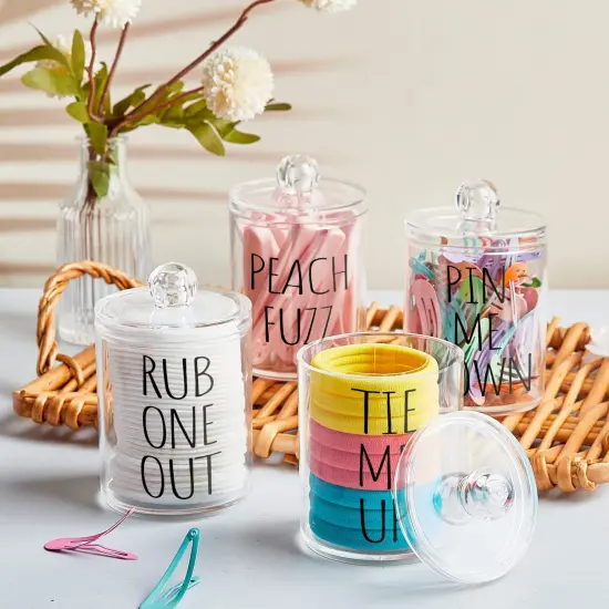 4 Pack Qtip Holder Dispenser with Lids and Labels - 10 oz Acrylic Apothecary Jars Plastic Bathroom Vanity Canister Organizer for Cotton Balls, Pads, Swabs, Floss (Clear) {4}