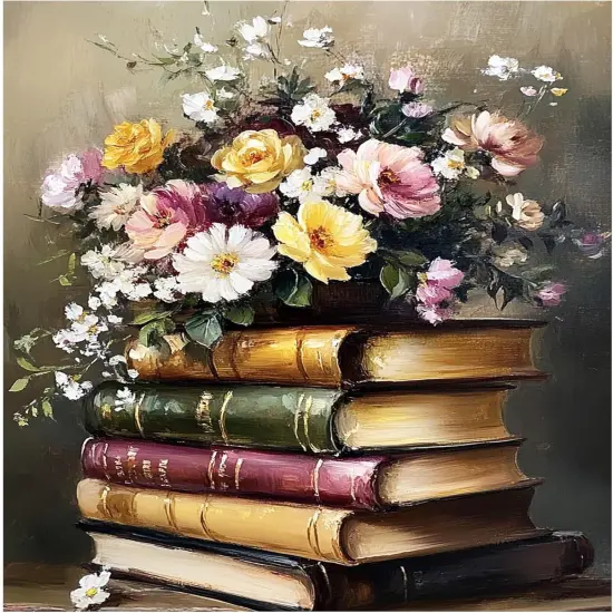Books Flowers Paint by Number, DIY Oil Digital Painting Vintage,12x16 in {1}
