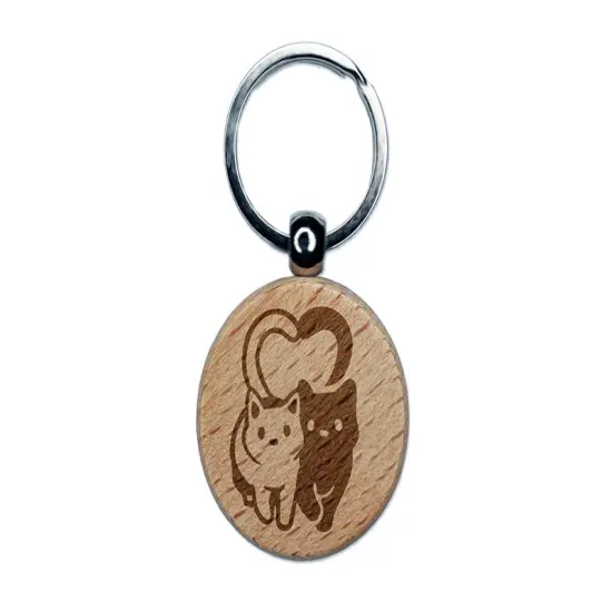 Cat Couple Heart Tails Cute Engraved Wood Round Keychain Tag Charm {1}