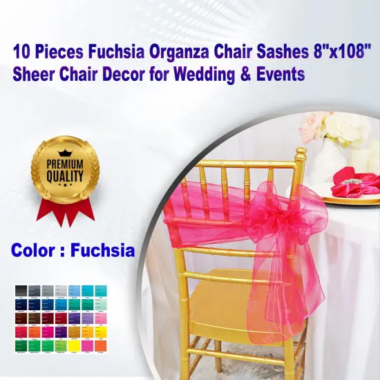 10 Pieces Fuchsia Organza Chair Sashes 8"x108" Sheer Chair Decor for Wedding & Events {1}