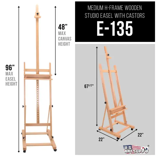 Medium Wooden Studio H Frame Easel with Storage Tray and Wheels - Adjustable to 96" High, Holds 48" Canvas - Beechwood Artist Easel for Painting, Art Display, Portraits {2}