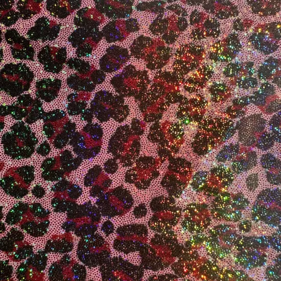 1 Yard Leopard Hologram Poly Tricot Fabric 60 Inch Width Red Gold {1}