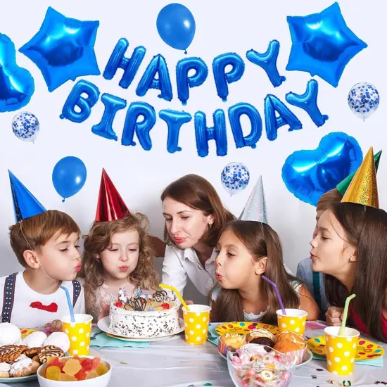30 Pcs Blue -Happy Birthday Balloons Banner 16 Inch Mylar Foil Letters with Star & Heart {4}