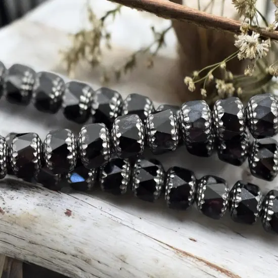 *12* 10mm Silver Washed Jet Fire Polished Cathedral Beads {1}