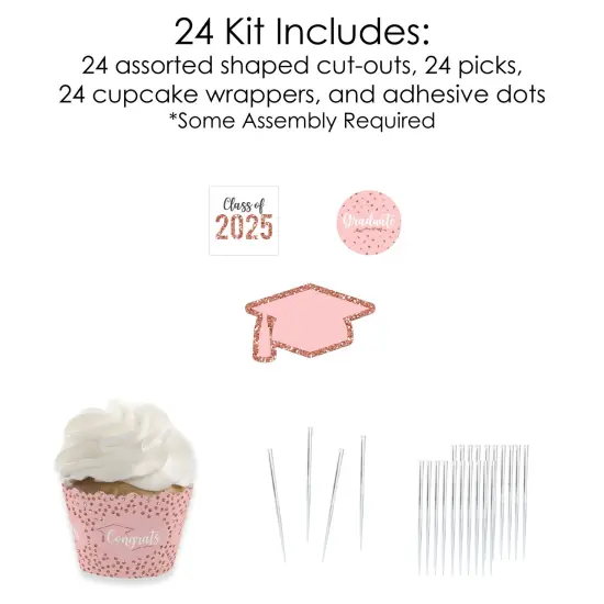 Big Dot of Happiness Rose Gold Grad - Cupcake Decoration - 2025 Graduation Party Cupcake Wrappers and Treat Picks Kit - Set of 24 {6}