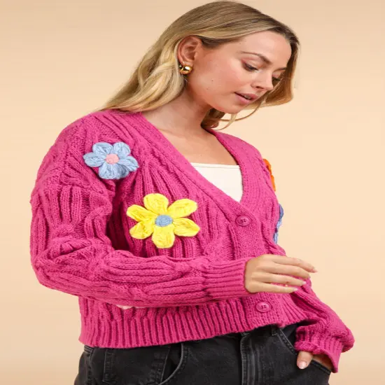 Plus Size Flower Applique Lovely Knit Sweater Cardigan HOT PINK {7}