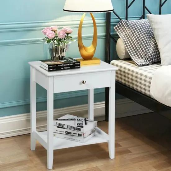 2-Tier Wooden Storage Display Nightstand End Table with 1 Drawer and Metal Handle White {2}