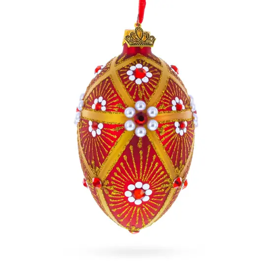 Red and Gold Floral Bejeweled Glass Egg Ornament 4 Inches {1}