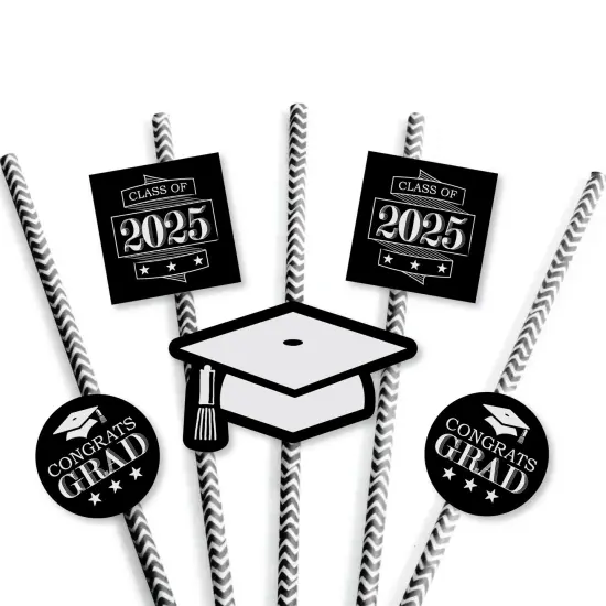 Big Dot of Happiness Graduation Cheers Paper Straw Decor - 2025 Graduation Party Striped Decorative Straws - Set of 24 {7}