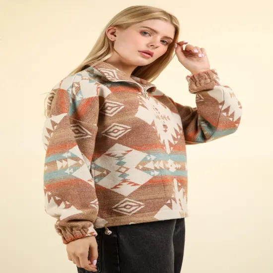 Plus Size Aztec Printed Henley Woven Pullover Top CREAM MIX {3}
