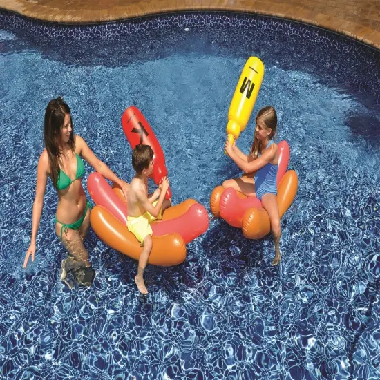 Swim Central Set of 2 Inflatable Hot Dog Ride On Swimming Pool Battle Set with Boppers Game - 56" Red {3}