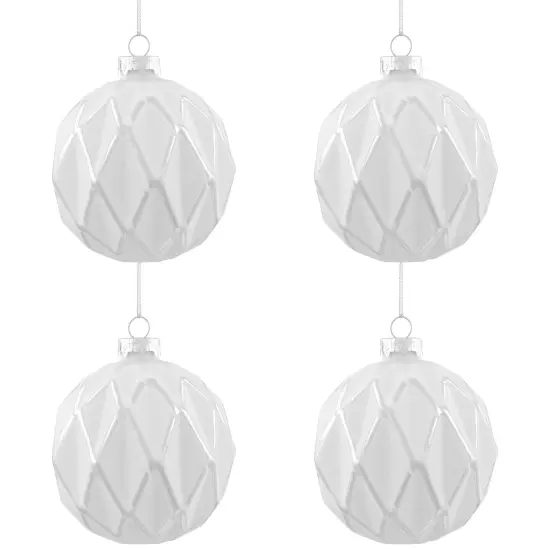 Northlight Embossed Diamond Christmas Glass Ball Ornaments - 4" (100mm) - White - 4ct {3}