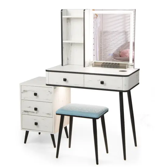 Vanity Makeup Table Set with Lighted Mirror and 3-in-1 Charging Station White {7}