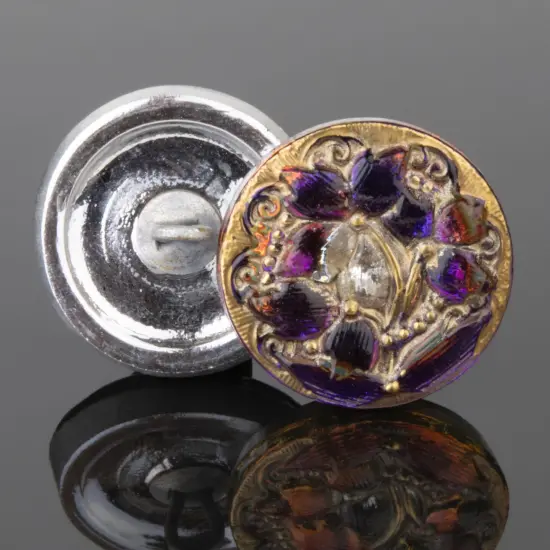 18mm Round Lacy 3 Flowers Purple Blue Iridescent Antiqued with Gold Paint -- Czech Glass Buttons {2}