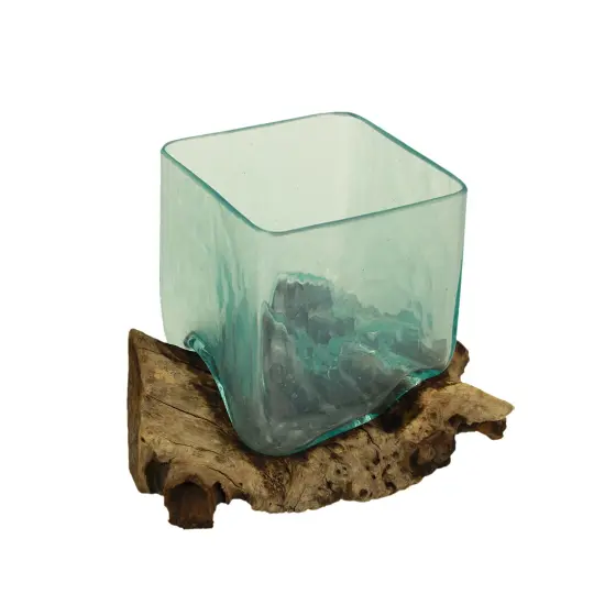 Teak Driftwood Glass Square Vase/Bowl - 8" High - Nature-Inspired Decor Brown {1}